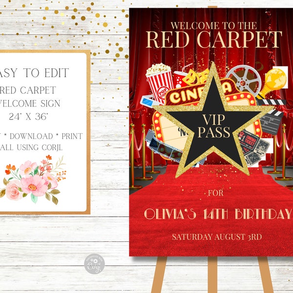 Red Carpet Welcome Sign, Poster, Movie Night,  VIP Pass, Hollywood, Lights-Camera-Action, Birthday Party, Prom, Personalized Sign
