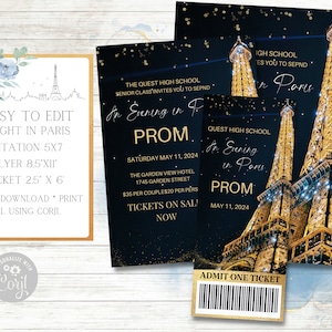 Eine Nacht in Paris Einladung, Flyer und Ticket-Set, Abschlussball, Heimkehr, Schultanz, Mittelschule, Geburtstag, Vater-Tochter