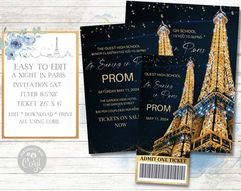 A Night in Paris Invitation, Flyer and Ticket Set, Prom, Homecoming, School Dance, Middle School, Birthday, Father-Daughter