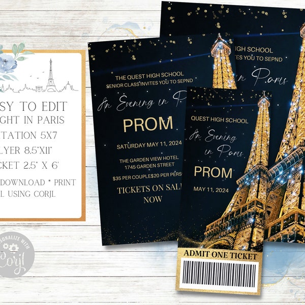 A Night in Paris Invitation, Flyer and Ticket Set, Prom, Homecoming, School Dance, Middle School, Birthday, Father-Daughter