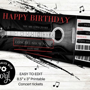 Druckbare Konzertkarte, alles Gute zum Geburtstag-Konzertkarte / Show-Karte, bearbeitbar, Corjl, schwarze Gitarre, Rockmusik, Künstler, Musik, Junge