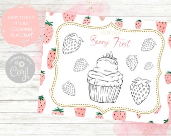 Berry First Birthday Coloring Placemats, Berry Sweet,, First Birthday, Strawberry Party, BBQ, Summer Party, Party Supplies