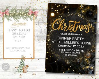 May include: A black and gold Christmas party invitation with a festive tree and lights. The text reads "Christmas" in gold script and "Please join us for a dinner party at the Miller's house, December 17, 2023, 1415 London Drive, RSVP with Melanie, 123-456-7890".