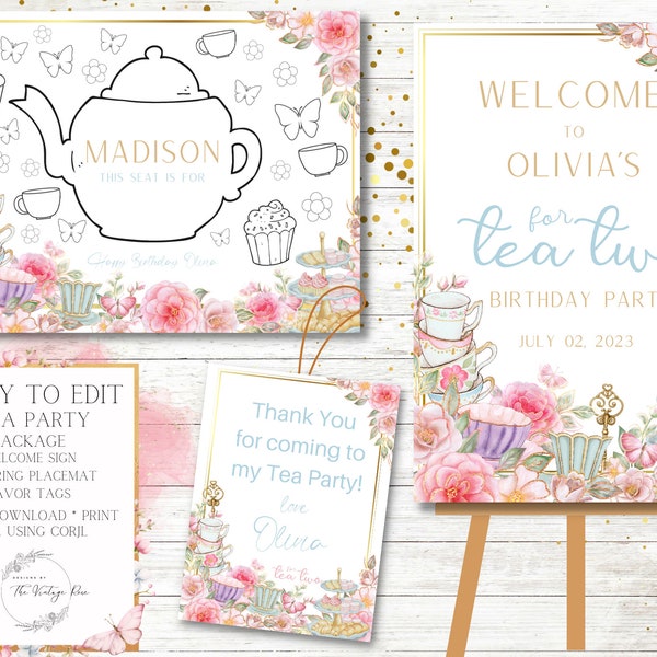 Tea Party Party Package, Tea for Two, Girls Birthday, Bridal Shower, Garden Party, Tea for Three