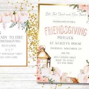 Friendsgiving Invitation, Thanksgiving Invitation, Fall Invitation, Dinner party, Pink Pumpkins