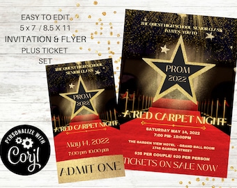 Red Carpet Dance set, Hollywood Editable, Prom, School Dance, Invitation, Ticket, Corjl, Father-Daughter Dance, VIP Access , Homecoming,