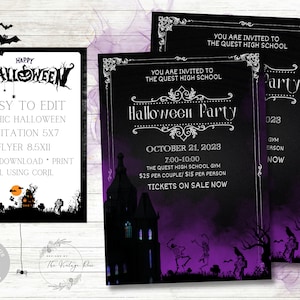 May include: A black and white Halloween party invitation with a gothic font. The invitation features a spooky silhouette of a haunted house and trees against a purple sky. The text reads "You are invited to the Quest High School Halloween Party" and includes the date, time, location, and ticket information.
