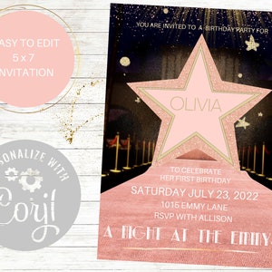 Pink Hollywood Invitation, Pink Carpet, Editable, Birthday Party, Prom, School Dance, Corjl,  VIP Access , Homecoming