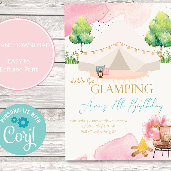 Let's Go Glamping  Birthday Invitation, Editable Glamping Invite, Digital Download, Camping Invitation, Printable Invitation, Sleep Over