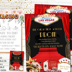 Invitación nocturna de casino y conjunto de folletos, tema de Las Vegas, baile escolar, fiesta de graduación, regreso a casa, escuela secundaria, baile, fiesta de cumpleaños