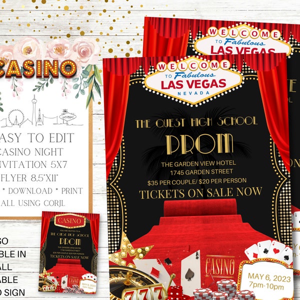 Invitación nocturna de casino y conjunto de folletos, tema de Las Vegas, baile escolar, fiesta de graduación, regreso a casa, escuela secundaria, baile, fiesta de cumpleaños