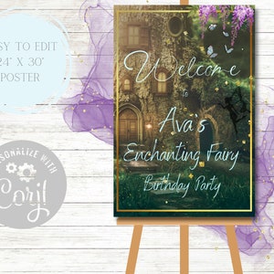 Puede incluir: Un cartel de bienvenida imprimible para una fiesta de cumpleaños con temática de hadas. El cartel presenta una ilustración caprichosa de un edificio de piedra con una puerta y un hada volando frente a él. El texto en el cartel dice "Bienvenido a la fiesta de cumpleaños de hadas encantadora de Ava".