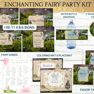 以下が含まれることがあります： 10枚のサイン、妖精ゲーム2つ、塗り絵マットとプレースマット、ウォーターボトルラッパー、カップケーキトッパー、ギフトタグがセットになった、印刷可能な妖精パーティーキット。緑と金のカラーリングで、幻想的な妖精のテーマが特徴です。