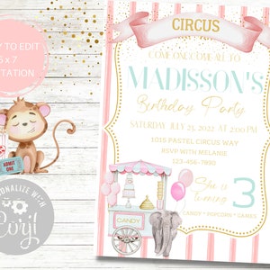 Pastel Circus Birthday Invitation, Editable, Carnival, Girls Birthday, Backyard Birthday, Summer Birthday, Circus party, Fair Birthday
