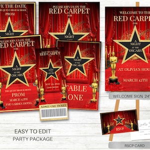 Roter Teppich Party Paket, Night at the Oscars, Einladung, Willkommensschild, Ticket, Hollywood, Geburtstagsfeier, Abschlussball, Schultanz, Heimkehr