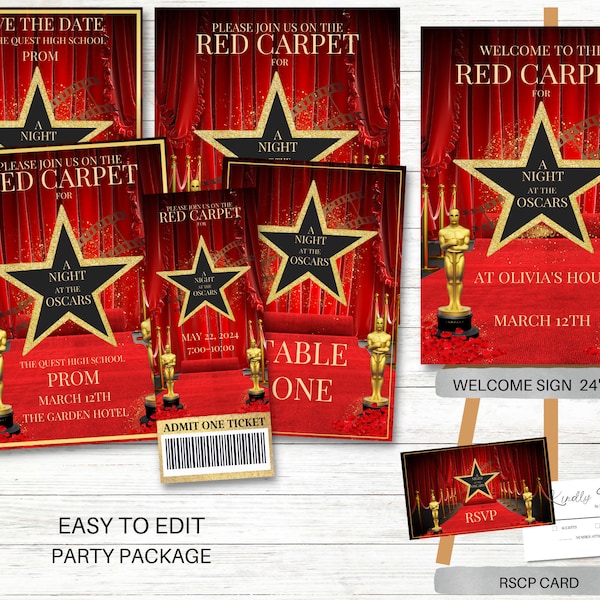 Red Carpet Party Package, Night at the Oscars, Invitation, Welcome Sign, Ticket, Hollywood, Birthday Party, Prom, School Dance, Homecoming