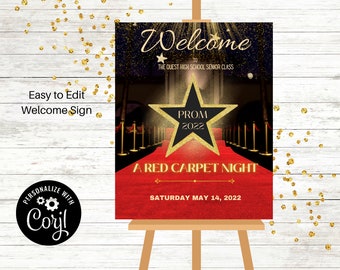 Red Carpet Dance Welcome Sign, Hollywood Editable, Prom, School Dance, , Corjl, Father-Daughter Dance, VIP Access , Homecoming, Birthday