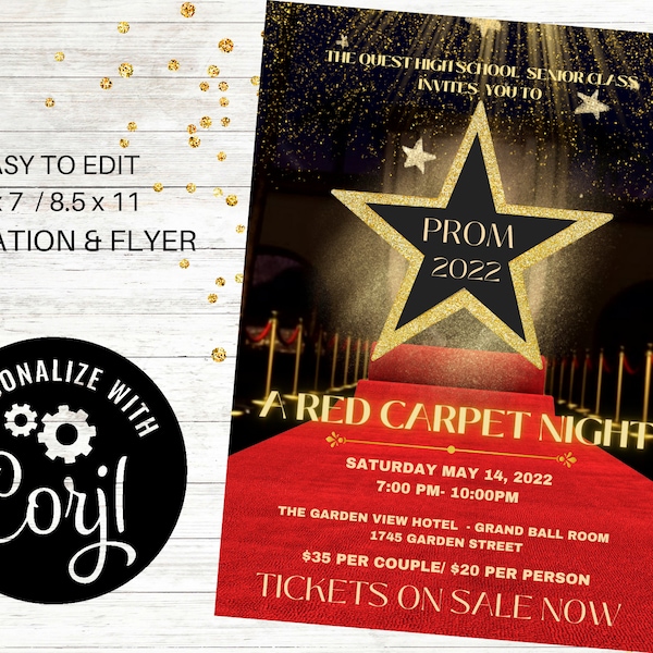 Red Carpet Dance Invitation & Flyer, Hollywood Editable, Prom, School Dance, Corjl, Father-Daughter Dance, VIP Access , Homecoming, Birthday