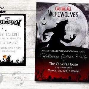 Puede incluir: Una invitación a una fiesta de Halloween en blanco y negro con una silueta de hombre lobo aullando a la luna. El texto dice "Calling All Werewolves" y "Halloween Costume Party".