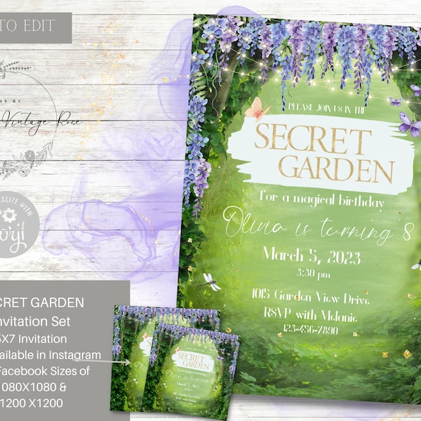 Secret Garden Invitation Set, Editable, 1080x1080 & 1200x1200 Enchanted Forest,  Fairytale, Fairy Birthday, Sweet 16,  School Dance