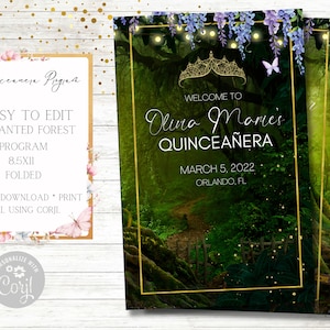 Könnte beinhalten: Eine druckbare Quinceañera-Programmvorlage mit einer magischen Waldszene mit einer goldenen Krone, Schmetterlingen und leuchtenden Lichtern. Der Text lautet "Willkommen zu Olivia Marie's Quinceañera, 5. März 2022, Orlando, FL".