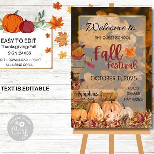 Può includere: Un cartello per un Festival d'Autunno, con zucche, foglie e il testo "Welcome to The Quest School Fall Festival October 11, 2025." Il cartello misura 61x91 cm e include testo modificabile. Testo aggiuntivo: "Pumpkins for sale", "Food, Games, Hay Rides."