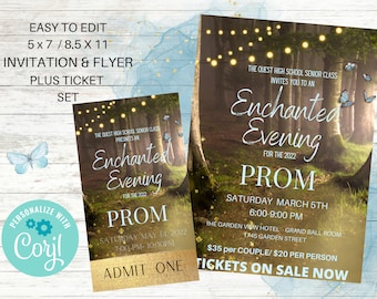 Enchanted Forest Invitation and Ticket Set, Prom, Editable, School Dance, for a Birthday or Wedding, Father-Daughter Dance, Corjl,
