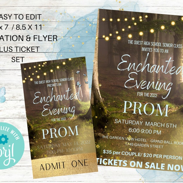 Enchanted Forest Invitation and Ticket Set, Prom, Editable, School Dance, for a Birthday or Wedding, Father-Daughter Dance, Corjl,