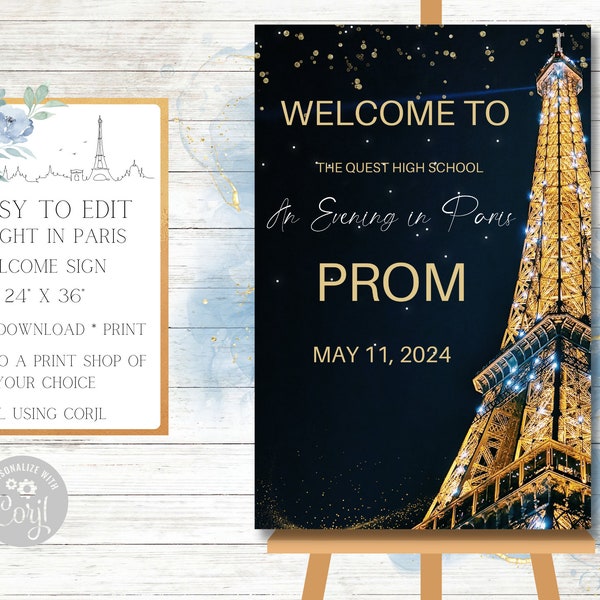 A Night In Paris Welcome Sign, Poster, Evening in Paris, Prom, Homecoming, School Dance, Birthday Party, Middle School, Father-Daughter