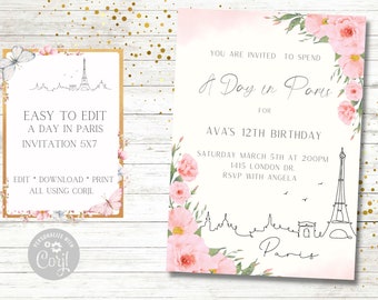 Paris Invitation, French, Birthday Invitation, Parisian, Peach Flowers, Eiffel tower, Bridal Shower, Ooh La La, Editable