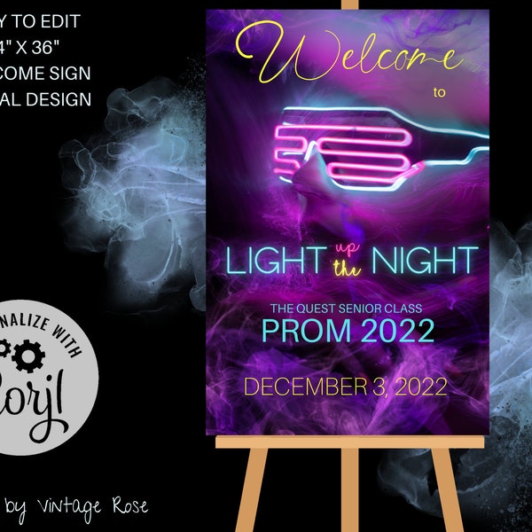 Light up the Night Welcome Sign Glow Party, Prom, Homecoming, School Dance, Birthday Party, Sweet 16, Corjl