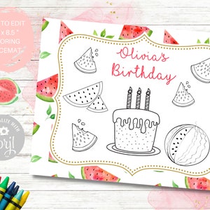Watermelon Party Coloring Placemats, Watermelon Birthday, Summer Party, Backyard BBQ, Kids Coloring Activity, Editable, Corjl,Girls Birthday