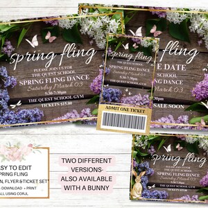 Spring Fling Einladung und Ticket gesetzt, Frühlingstanz, Schultanz, Vater-Tochter, Ostern, Geburtstag, Schmetterlinge, Einladung, Ticket, Abschlussball