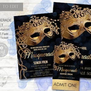 Blaues und goldenes Maskentanz-Set, editierbar, Abschlussball, Schultanz, Einladung, Ticket, Vater-Tochter-Tanz, Maskenball, Heimkehr