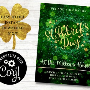 St. Patrick&#39;s Day Invitation, Editable Invitation, March 17th Invitation, Dinner Invitation, Party Invitation, Printable, 4 leaf Clover