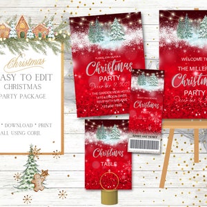 Rot und Silber Weihnachtsbaum Party Paket, Einladung, Willkommensschild, Tischnummer, Ticket, Weihnachtsfeier, Schultanz