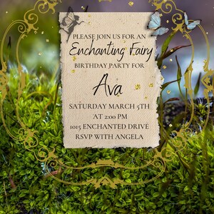 May include: A whimsical invitation for an enchanting fairy birthday party for Ava. The invitation features a gold ornate frame with a torn paper background, a fairy illustration, and the text "PLEASE JOIN US FOR AN Enchanting Fairy BIRTHDAY PARTY FOR Ava SATURDAY MARCH 5TH AT 2:00 PM 1015 ENCHANTED DRIVE RSVP WITH ANGELA".