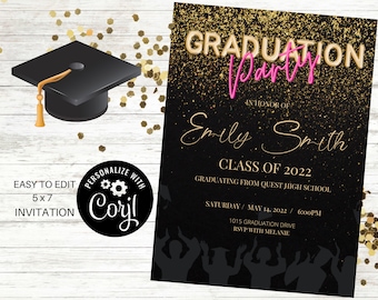 May include: Black and gold graduation party invitation with gold glitter background. The text reads "Graduation Party" in gold balloon letters with a pink "Party" in script. The invitation is for Emily Smith, Class of 2022, graduating from Quest High School. The date and time of the party are Saturday, May 14, 2022 at 6:00 PM. The location is 1015 Graduation Drive. RSVP with Melanie.