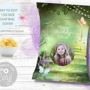May include: A green and gold chip bag cover with a fairy theme. The cover features a photo of a girl, butterflies, flowers, and the text "Happy Birthday Olivia".
