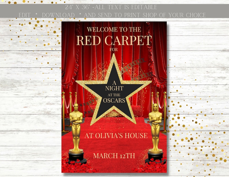Red Carpet Sign, Poster, Night at the Oscars, VIP Pass, Hollywood, Lightscameraaction