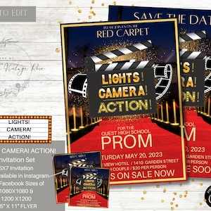 Lights! Camera! Action! Invitation Set, Red Carpet, Hollywood, Prom, School Dance, Teacher Appreciation, 1 1080x1080, 1200x1200, VIP Access