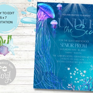 Under the Sea Invitation, Editable, Prom, Home Coming, School Dance, Birthday Party, Wedding, Save the Date, Jelly Fish, Ocean, Corjl,