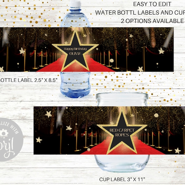 Red Carpet Night Water Bottle Label-Food Label, Hollywood Night, Night at the Oscars, Birthday Party, Prom, School Dance