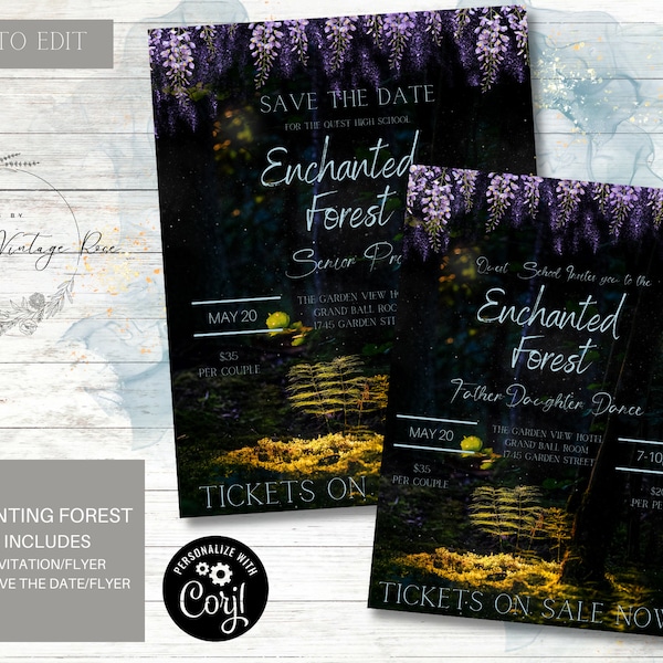 Enchanted Forest Invitation and flyer set, Flowers, Prom, Editable, School Dance, for a Birthday or Wedding, Father-Daughter Dance, Corjl