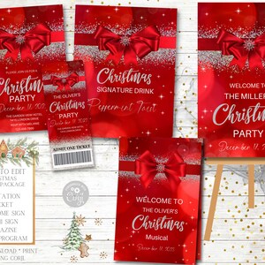 Rot und Silber Weihnachtsschleife, Party-Paket, Einladung, Willkommensschild, Programm, Ticket, Weihnachtsfeier, Schultanz, Weihnachtsveranstaltung