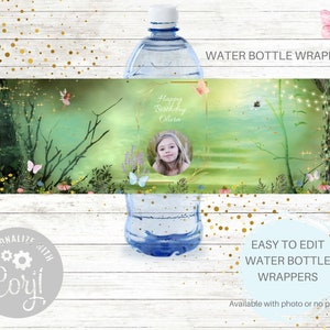 Enchanting Forest Water Bottle Wrapper, Cover, Editable, Enchanting Fairy, Party Favor, Kids Birthday, Party Supplies, Corjl, Woodland