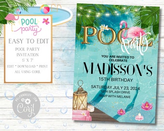 May include: Pool party invitation with a pink flamingo, a lantern, and a pool with blue water. The text says "You are invited to celebrate Madisson's 15th Birthday. Saturday July 23, 2024. 1014 Splash Drive. RSVP with Melanie."