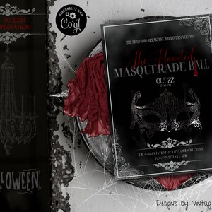Haunted Masquerade Ball uitnodiging, bewerkbare, Corjl, Halloween Masquerade, Halloween Party, rood en zwart, cocktail, feestartikelen, Spooky