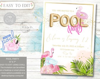 May include: A pink and gold pool party invitation with a flamingo, palm trees, and the text "YOU ARE INVITED TO A POOL PARTY Olivia is turning 12 Saturday July 23, 2022 at 3:00pm 1015 Garden way Ry By JUNE 11 TO MELANIE".