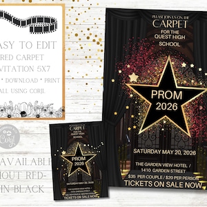 Könnte beinhalten: Schwarze und goldene Prom-Einladung mit Stern-Design und dem Text "PROM 2026". Die Einladung enthält Veranstaltungsdetails wie Datum, Uhrzeit und Ort. Erhältlich im Format 5x7 und einfach zu bearbeiten.